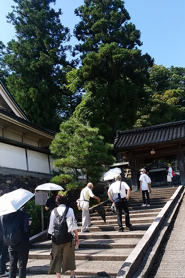 重厚な山門をくぐって、松山寺境内へ向かう様子
